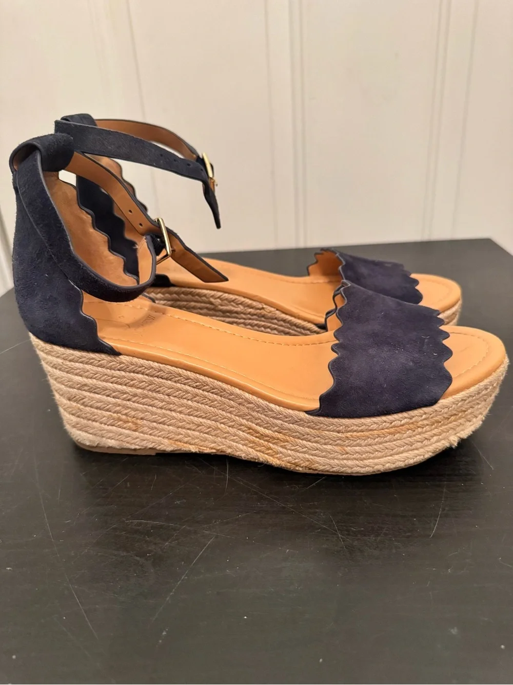 J. by J Crew Platform Suede Scalloped Flatform Espadrilles Wedge Sandal 8 Navy